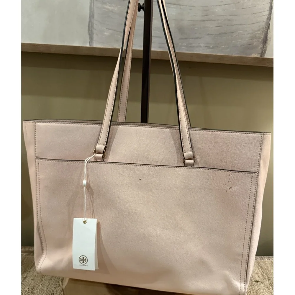 Tory Burch Robinson Double Zip Tote Bag Pale Apricot Pink Style New With Defects